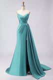 Royal Blue A Line Beaded Strapless Ruched Long Prom Dress with Slit