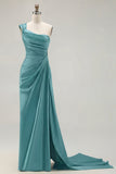 One Shoulder Green Ruched Satin Sheath Long Prom Dress with Slit