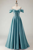 Off the Shoulder Satin Purple A Line Prom Dress