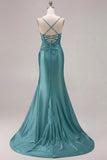 Mermaid Satin Fuchsia Ruched Spaghetti Straps Long Prom Dress with Slit