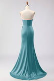 Green Strapless Mermaid 3D Flower Satin Long Prom Dress with Slit