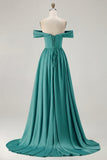 Blue Off the Shoulder A Line Satin Bridesmaid Dress