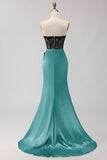 Black Green Mermaid Strapless Lace Ruched Long Prom Dress With Slit
