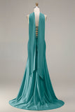 Strapless Mermaid Champagne Beaded Satin Long Prom Dress with Ribbon