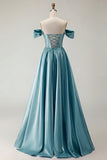 Off the Shoulder Satin Purple A Line Prom Dress