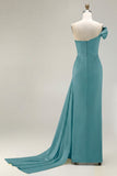 One Shoulder Green Ruched Satin Sheath Long Prom Dress with Slit