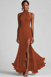 Halter Neck Ruffles Mermaid Black Maxi Formal Dress with Slit
