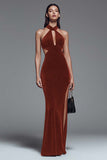 Halter Velvet Dark Green Mermaid Formal Dress with Slit