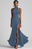 Halter Neck Ruffles Mermaid Black Maxi Formal Dress with Slit