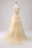 Pink Princess Tiered Spaghetti Straps Prom Dress with Slit