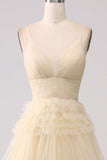 Pink Princess Tiered Spaghetti Straps Prom Dress with Slit