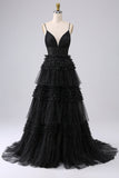 Pink Princess Tiered Spaghetti Straps Prom Dress with Slit