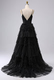 Pink Princess Tiered Spaghetti Straps Prom Dress with Slit