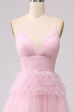 Pink Princess Tiered Spaghetti Straps Prom Dress with Slit