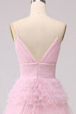 Pink Princess Tiered Spaghetti Straps Prom Dress with Slit
