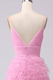 Pink Princess Tiered Spaghetti Straps Prom Dress with Slit