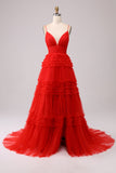 Pink Princess Tiered Spaghetti Straps Prom Dress with Slit