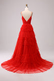 Pink Princess Tiered Spaghetti Straps Prom Dress with Slit