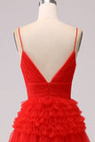 Pink Princess Tiered Spaghetti Straps Prom Dress with Slit