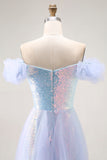 Sparkly Light Blue A Line Off the Shoulder Prom Dress