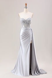 Silver Mermaid Sheer Corset Satin Long Prom Dress With Slit