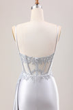 Silver Mermaid Sheer Corset Satin Long Prom Dress With Slit