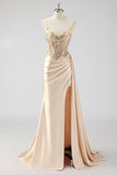 Green Mermaid Side Streamer Pleated Long Corset Satin Prom Dress With Slit