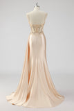 Silver Mermaid Sheer Corset Satin Long Prom Dress With Slit
