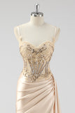 Silver Mermaid Sheer Corset Satin Long Prom Dress With Slit
