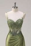 Silver Mermaid Sheer Corset Satin Long Prom Dress With Slit