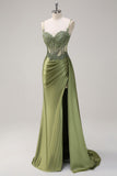 Silver Mermaid Sheer Corset Satin Long Prom Dress With Slit