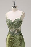 Silver Mermaid Sheer Corset Satin Long Prom Dress With Slit