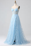 Sparkly Blue A-Line Spaghetti Straps Sequin Corset Prom Dress With Slit