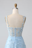 Sparkly Blue A-Line Spaghetti Straps Sequin Corset Prom Dress With Slit