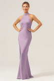 Dark Green Sheath High Neck Halter Backless Long Satin Bridesmaid Dress with Slit
