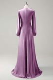 Agave A-Line Round Neck Satin Long Bridesmaid Dress with Long Sleeves
