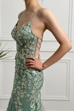 Light Green Mermaid Lace-Up Back Tulle Long Prom Dress with Appliques