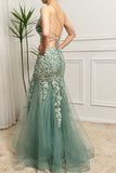 Light Green Mermaid Lace-Up Back Tulle Long Prom Dress with Appliques