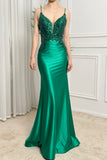 Sparkly Dark Green Mermaid Backless Prom Dress With Beaded Appliques