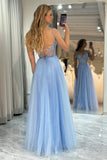A Line Sky Blue Sparkly Tulle Prom Dress with Appliques