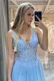 A Line Sky Blue Sparkly Tulle Prom Dress with Appliques