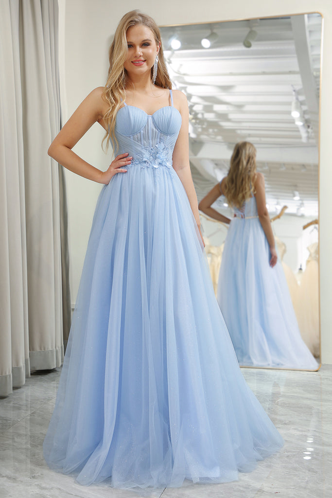 Sheer Bodice with Lace-Up Back Tulle Full Skirt Dress Sky Blue main image 1