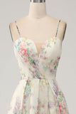 A-Line Flower Printed Ivory Long Prom Dress with Slit
