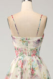 A-Line Flower Printed Ivory Long Prom Dress with Slit