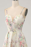 A-Line Flower Printed Ivory Long Prom Dress with Slit