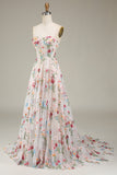 Tulle Strapless Sweep Train Ivory Long Wedding Dress with Embroidery