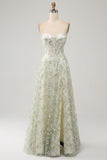 Light Green A-Line Strapless Corset Prom Dress with Embroider