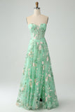 Light Green A-Line Corset Long Prom Dress with Embroidery