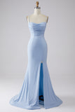 Light Blue Sparkly Mermaid Lace Up Back Long Prom Dress with Slit