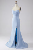Light Blue Sparkly Mermaid Lace Up Back Long Prom Dress with Slit